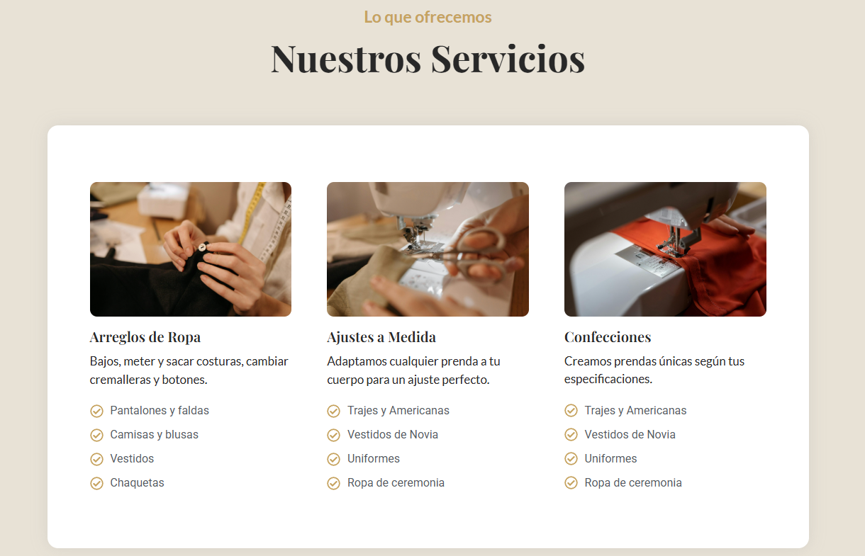 Página web de Entre Costuras, negocio de arreglos de ropa en Granada